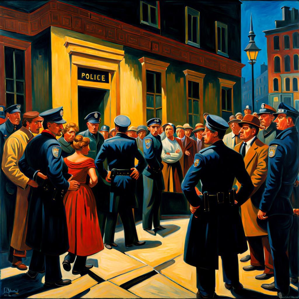 Police Station Gathering: A Post-Impressionistic Panorama