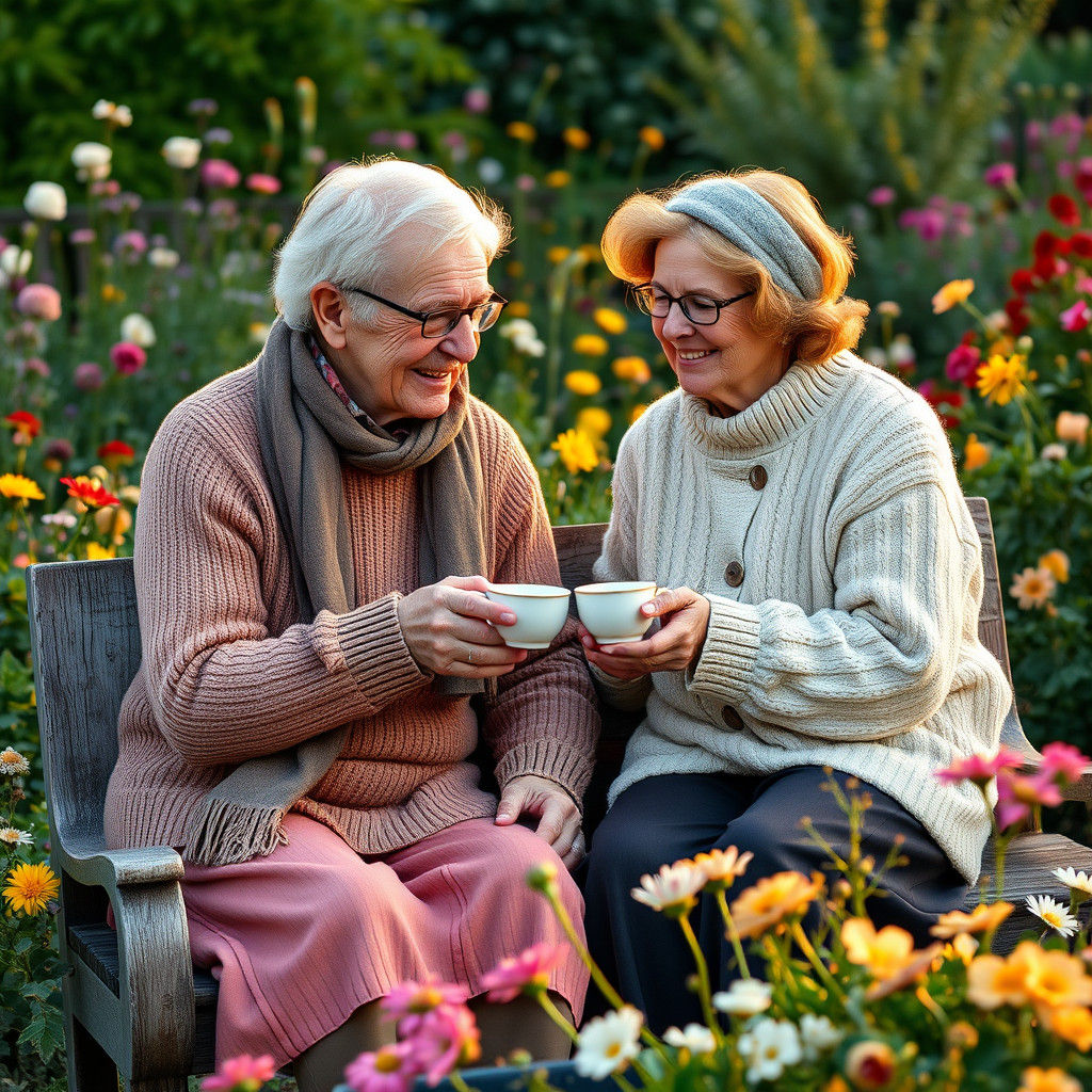 Elderly Couple Enjoying Coffee in Impressionist Garden