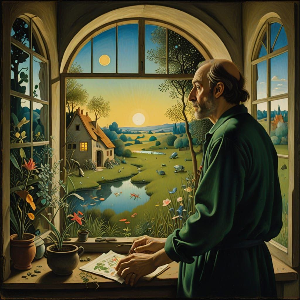 Surrealist Man in Secluded House with Ethereal Glow