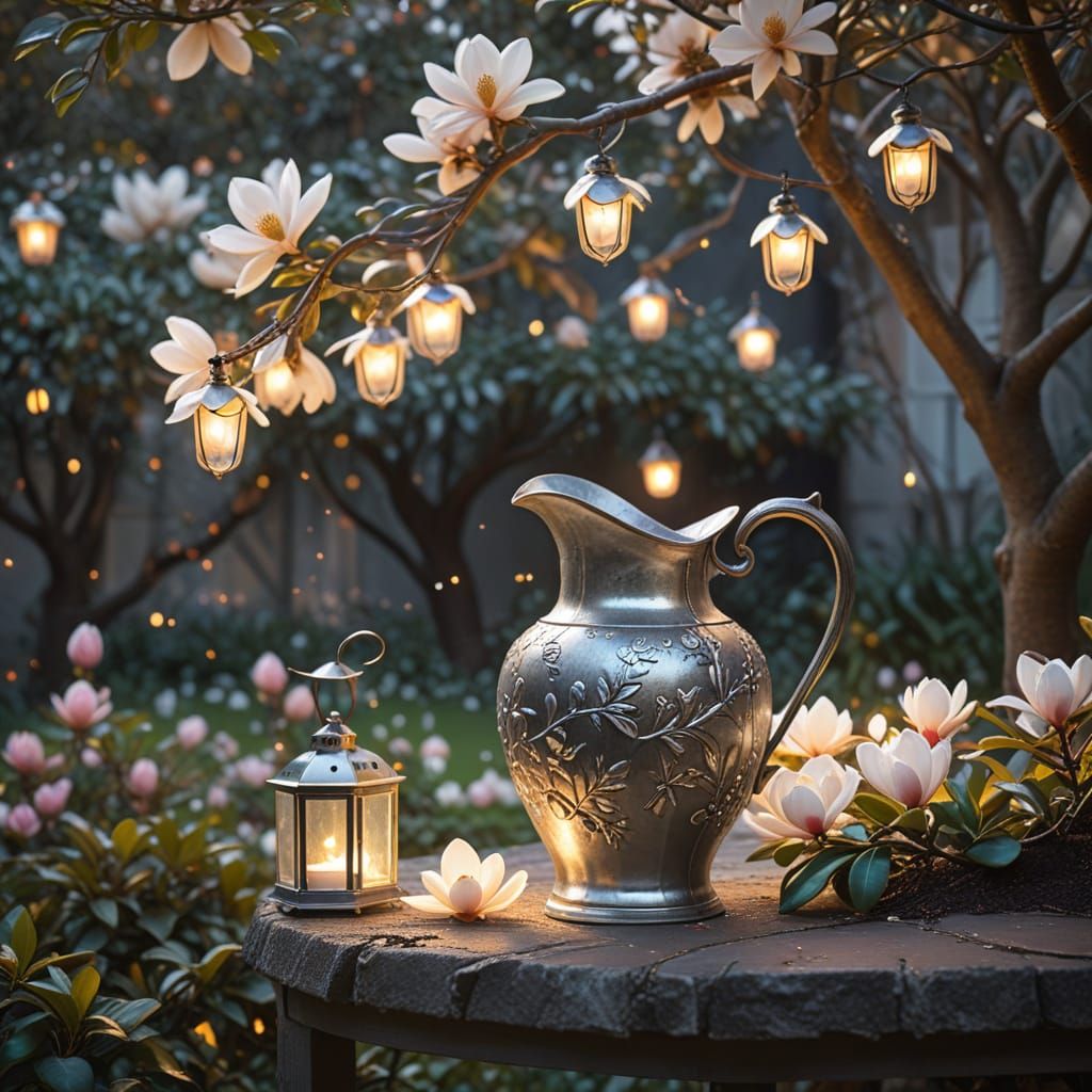 Silver Pitcher Under Magnolia Tree: Impressionist Concept Ar...