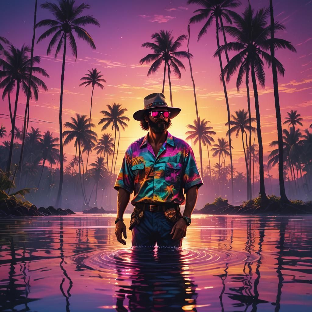 Synthwave Prospector in a Neon Lagoon