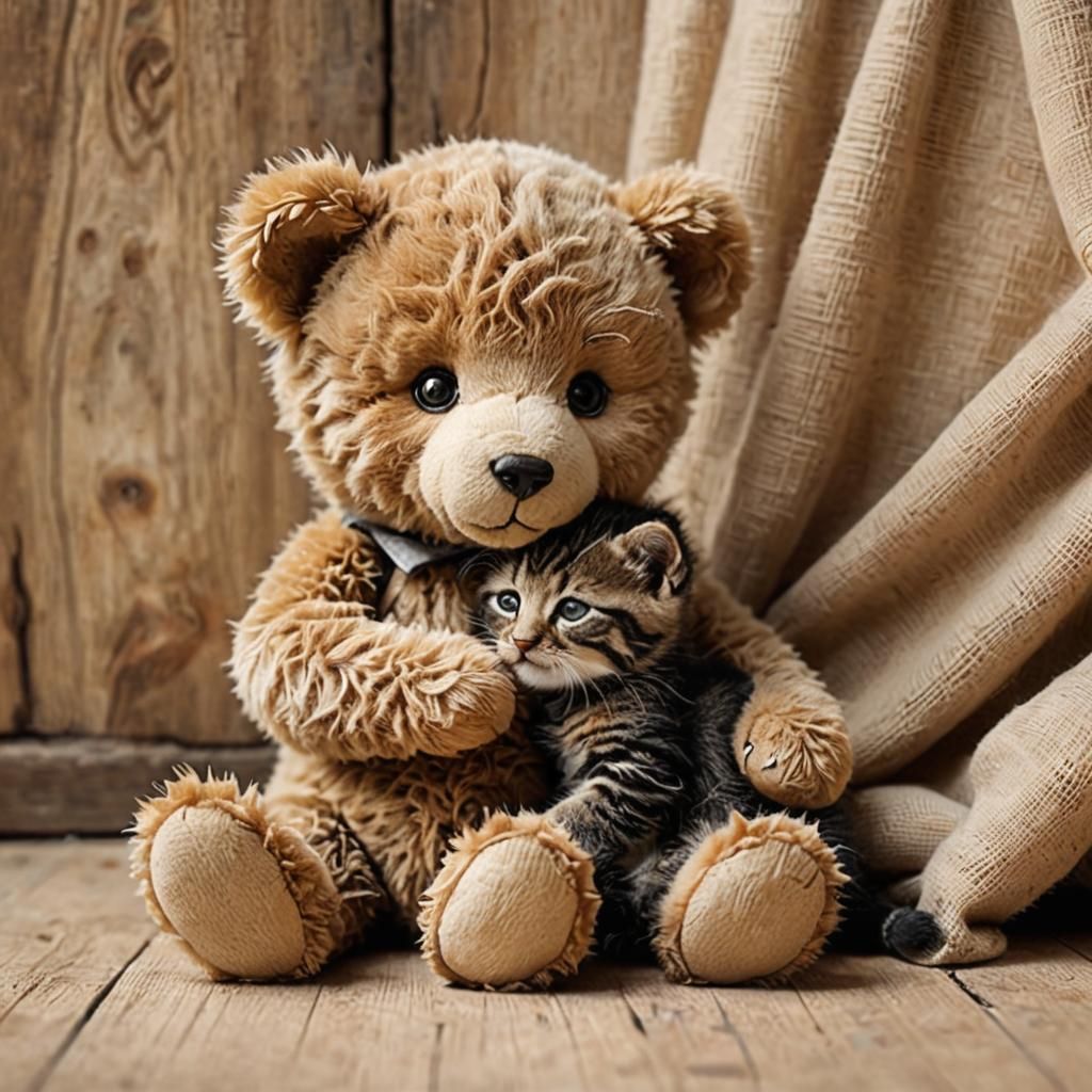 Teddy Bear Comforting Orphan Kitten