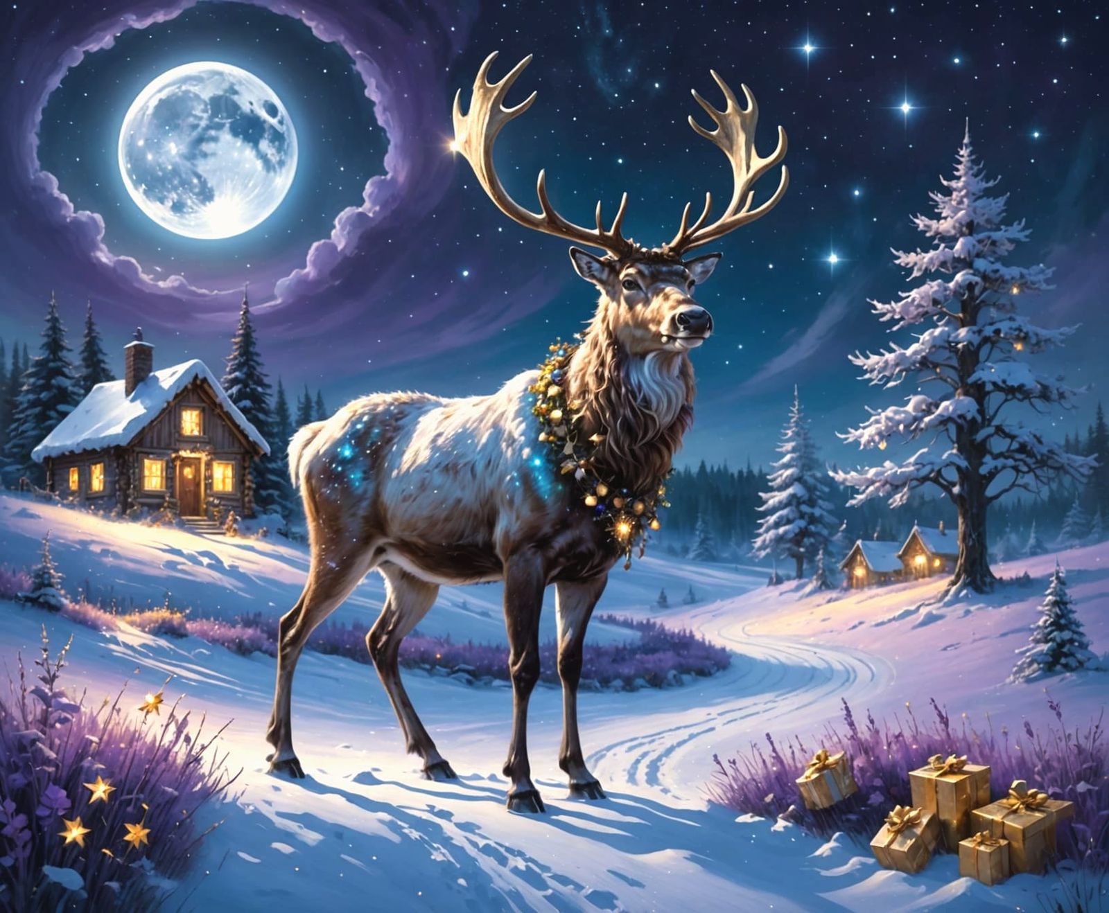 Cosmic Reindeer Visits Cozy Cottage Under Starlit Sky