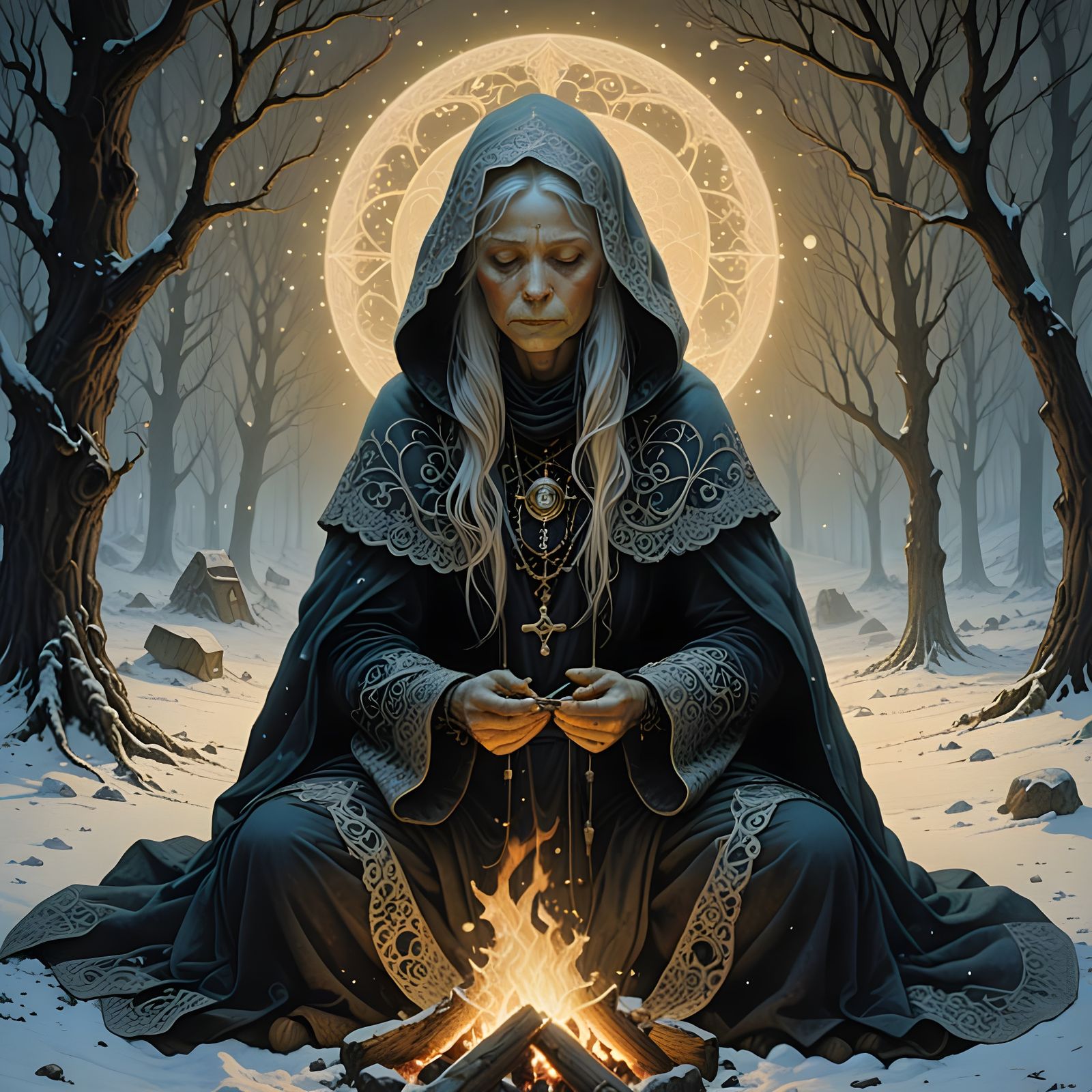 Enchanted Winter Sorceress by the Campfire