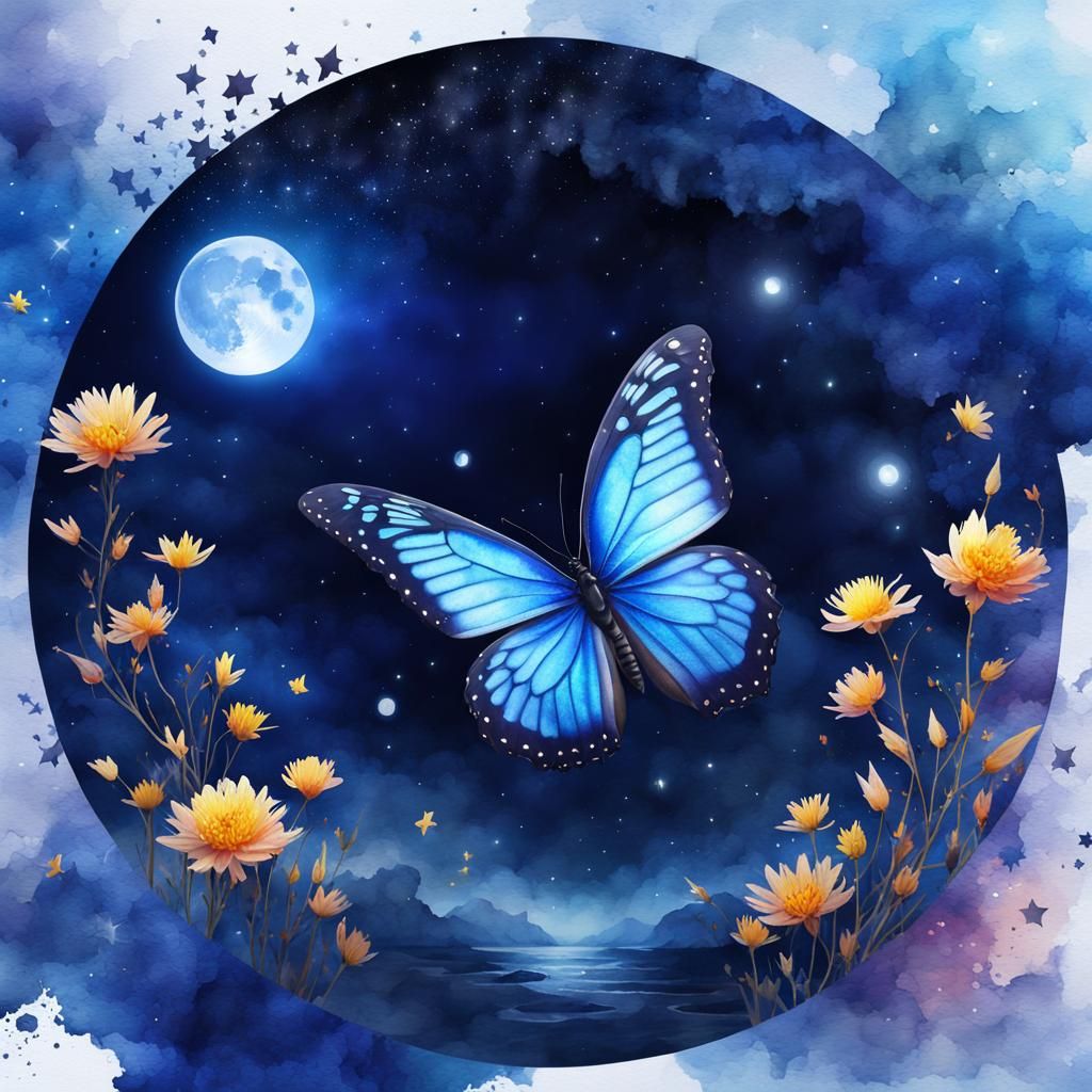 Mystical Watercolor Butterfly Under Moonlight