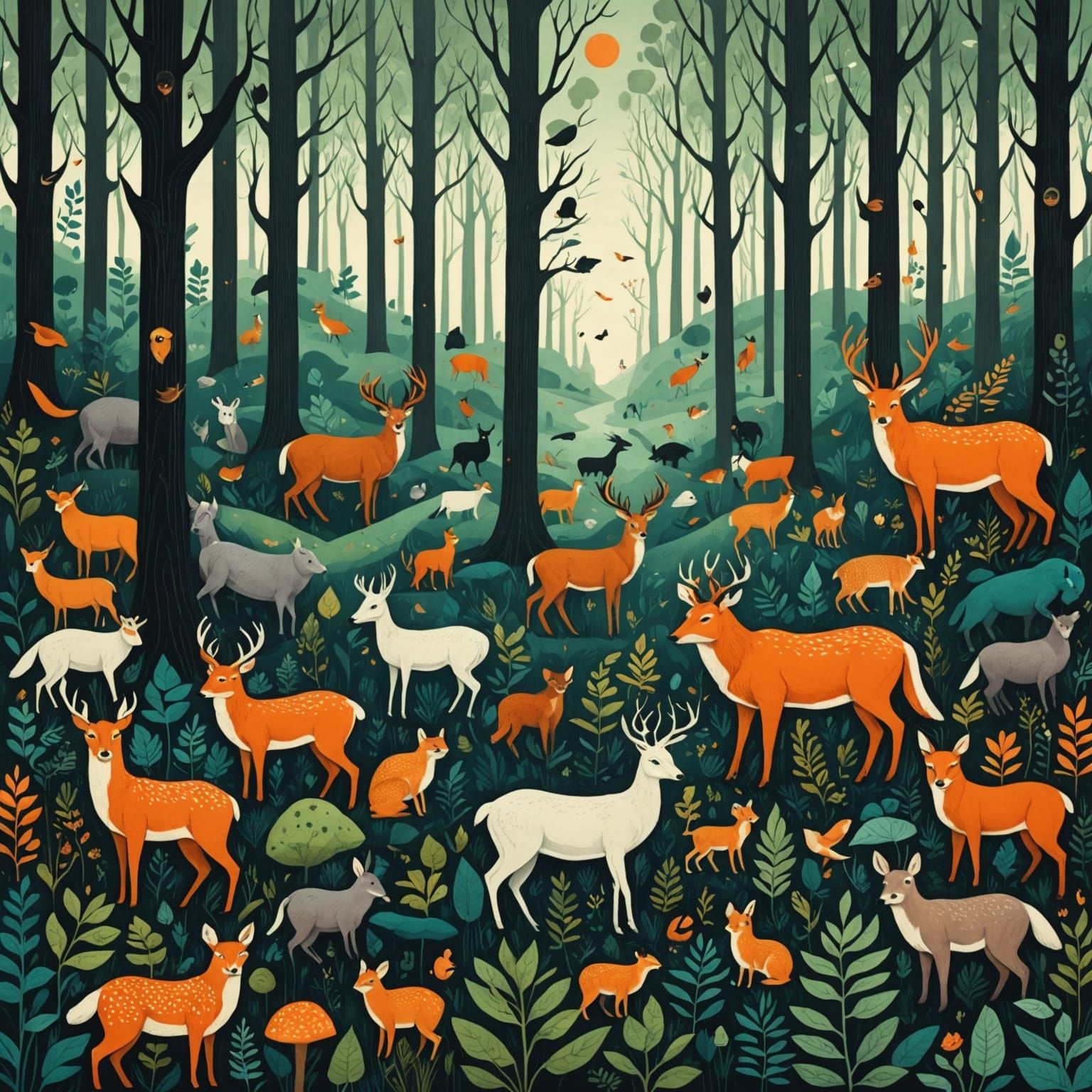 Surreal Forest Scene with Abundant Wildlife