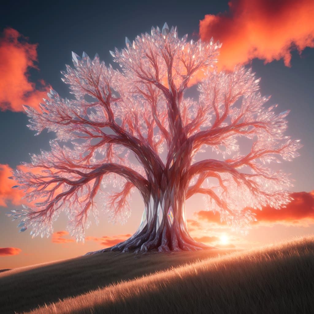 Glowing Crystalline Tree at Sunset on a Hilltop