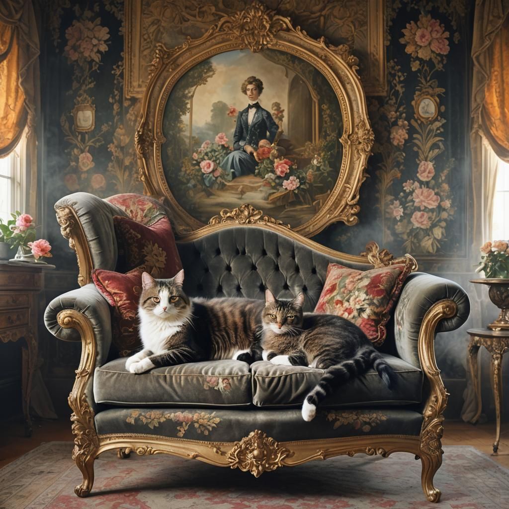 Cat in Victorian Parlour, Art Nouveau Style