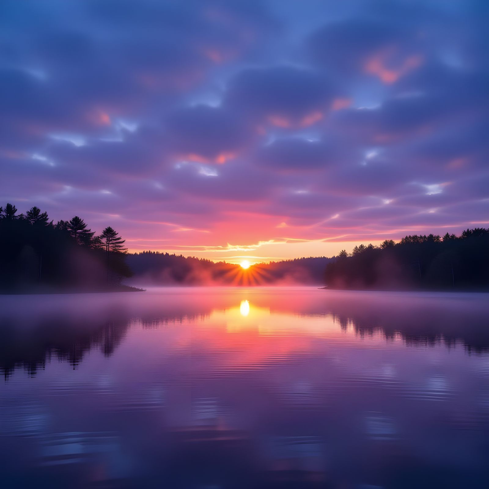 Foggy Sunrise Over Wooded Lake: Professional Photography