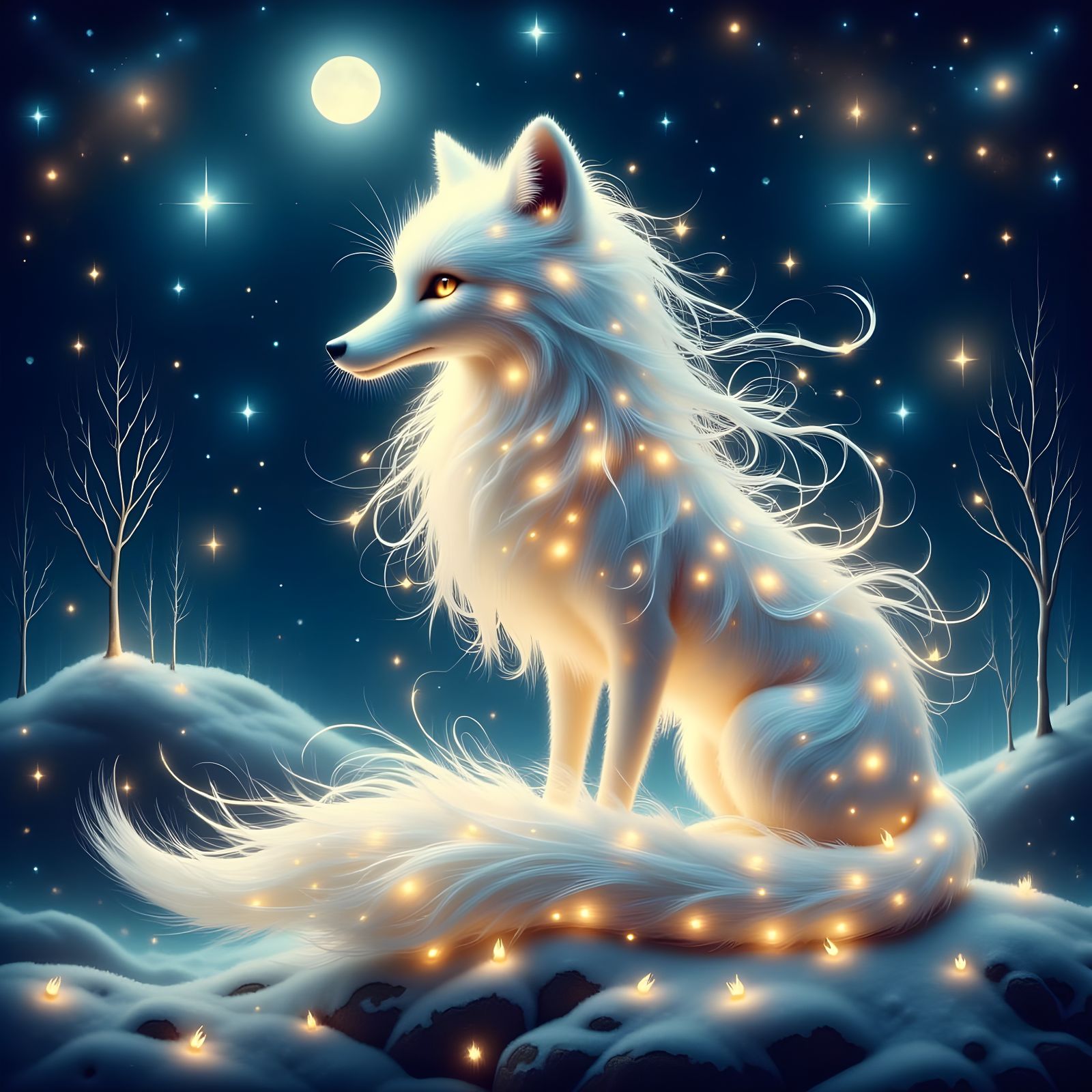 Arctic Fox Kitsune in White Fantasy Style