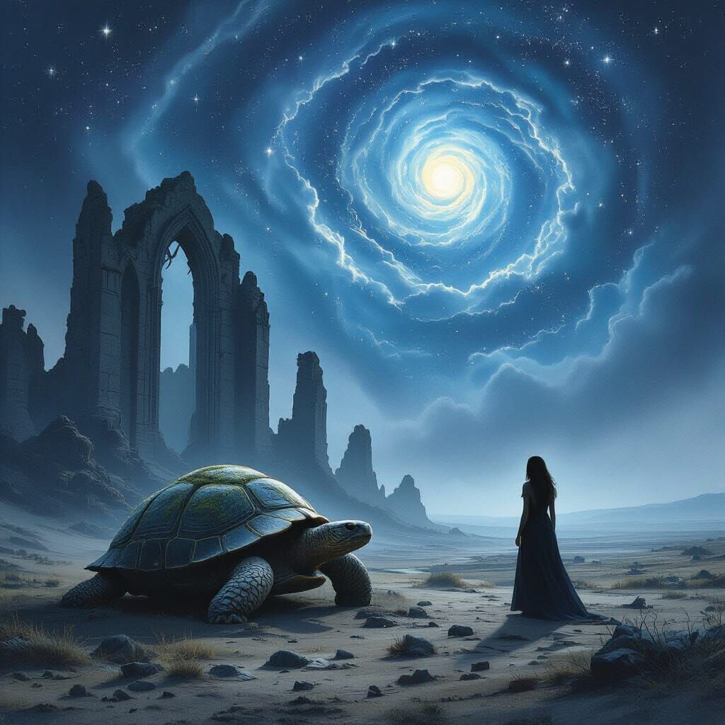 Woman and Giant Tortoise in Gothic Ruins Under Starlit Sky