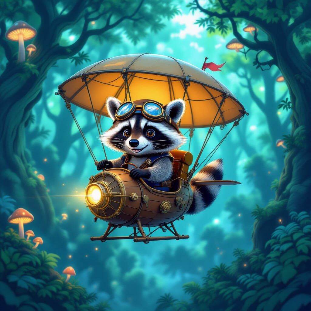 Raccoon Aviator in Bioluminescent Forest, Miyazaki-esque