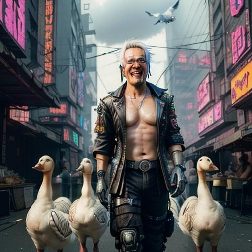 Cyberpunk Geese Food Truck in Futuristic City