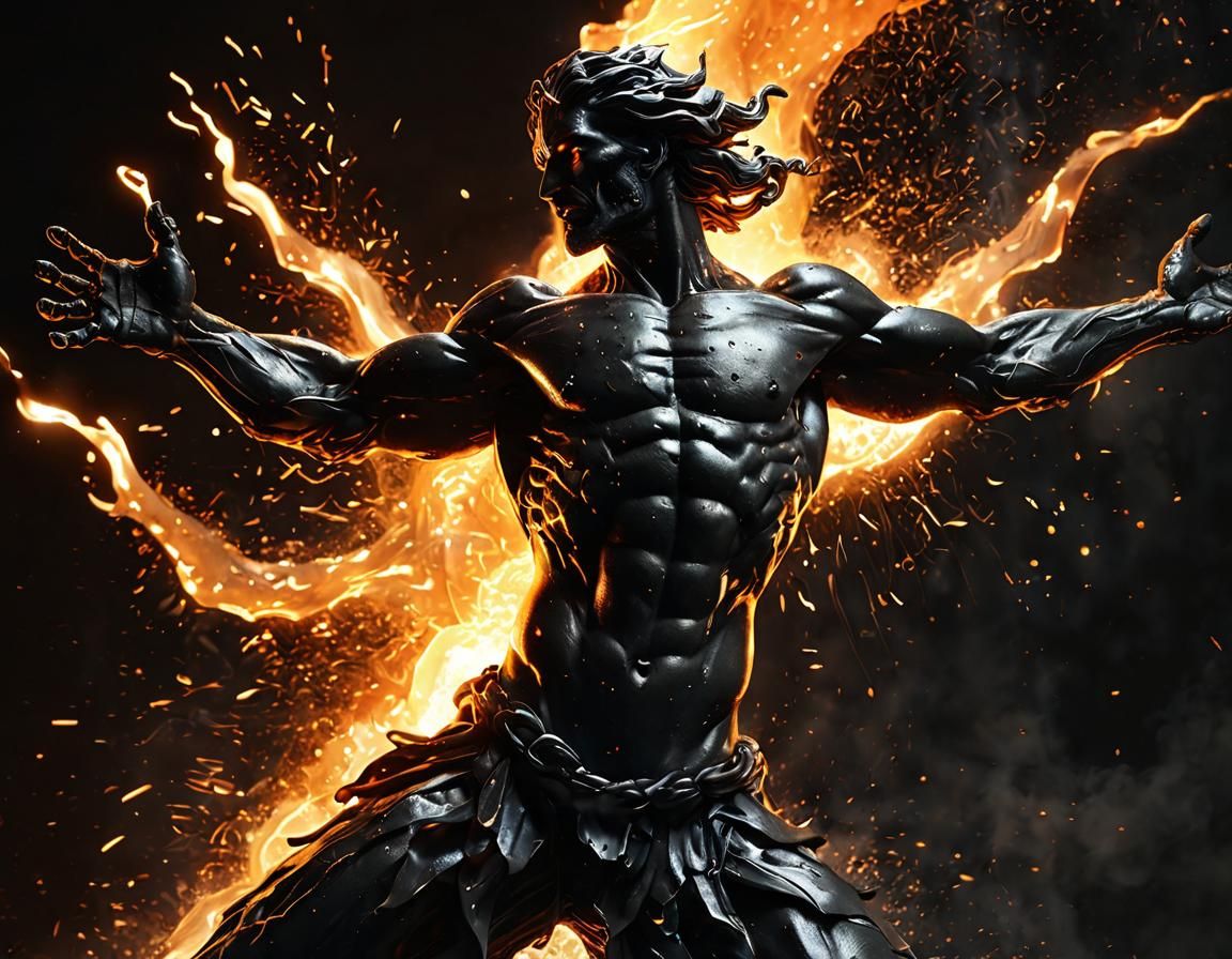 Dramatic Molten Metal Statue with Sparks, 3D Render