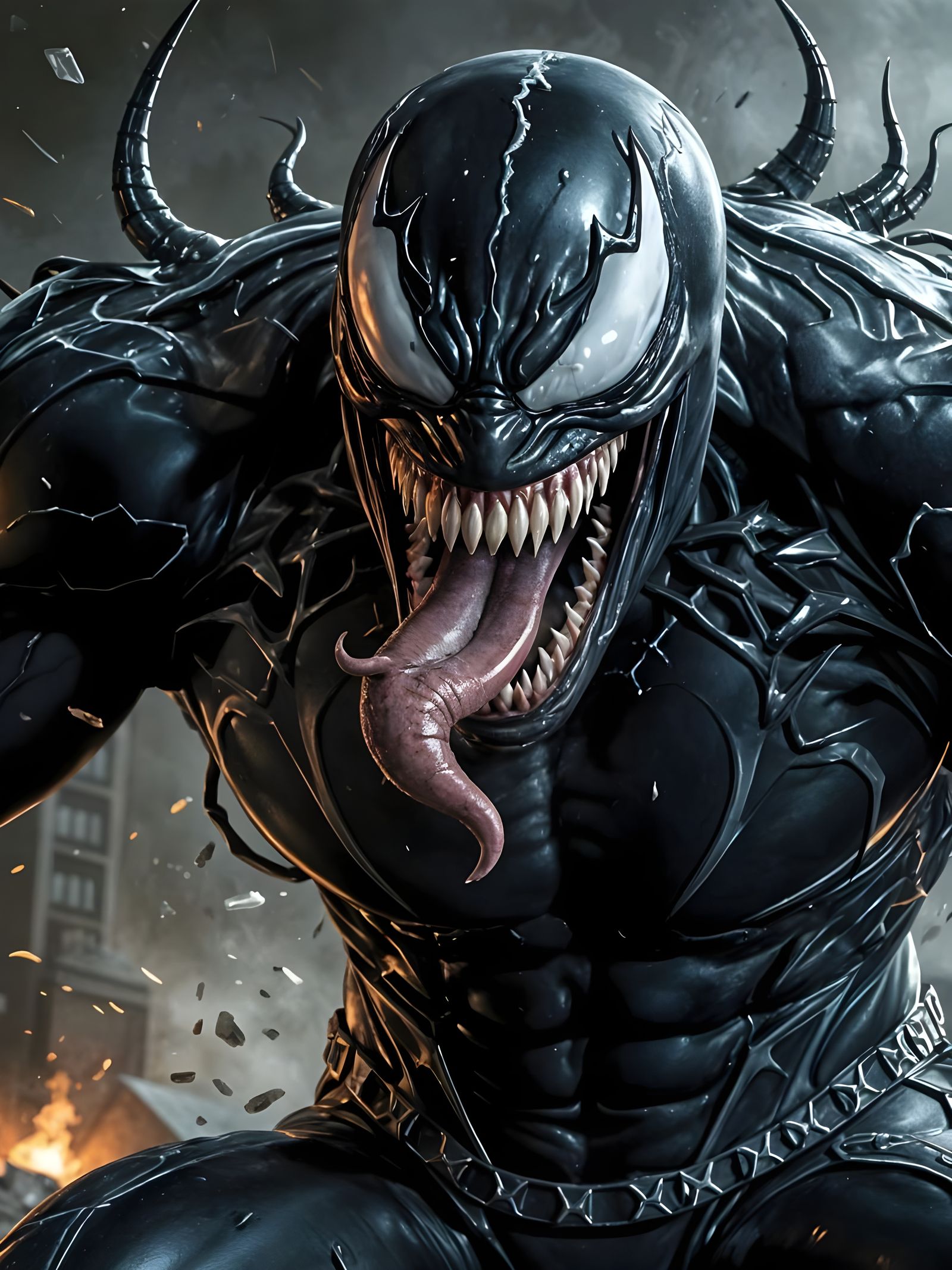 Menacing Close-Up of Venom in a Burning City