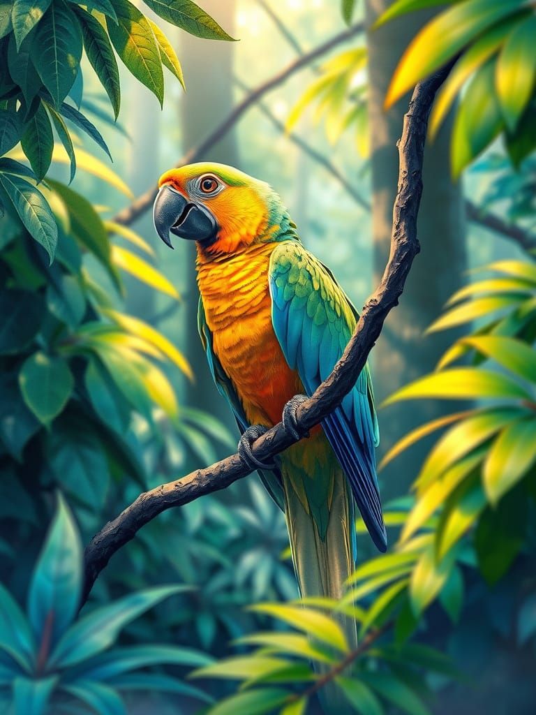 Vibrant Ara Parrot in Lush Forest, Anime-Inspired Digital Ar...