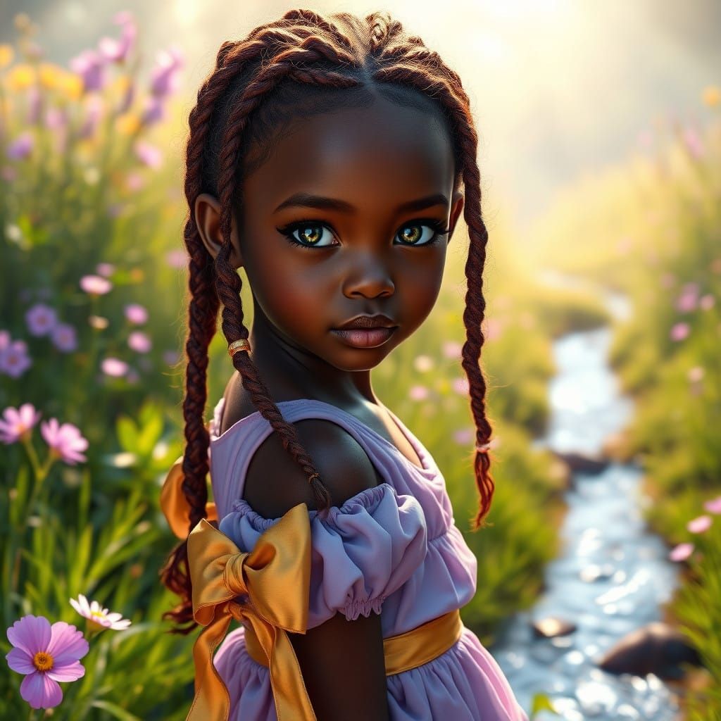 Majestic Young Girl in Lavender Dress with Auburn Braids and...