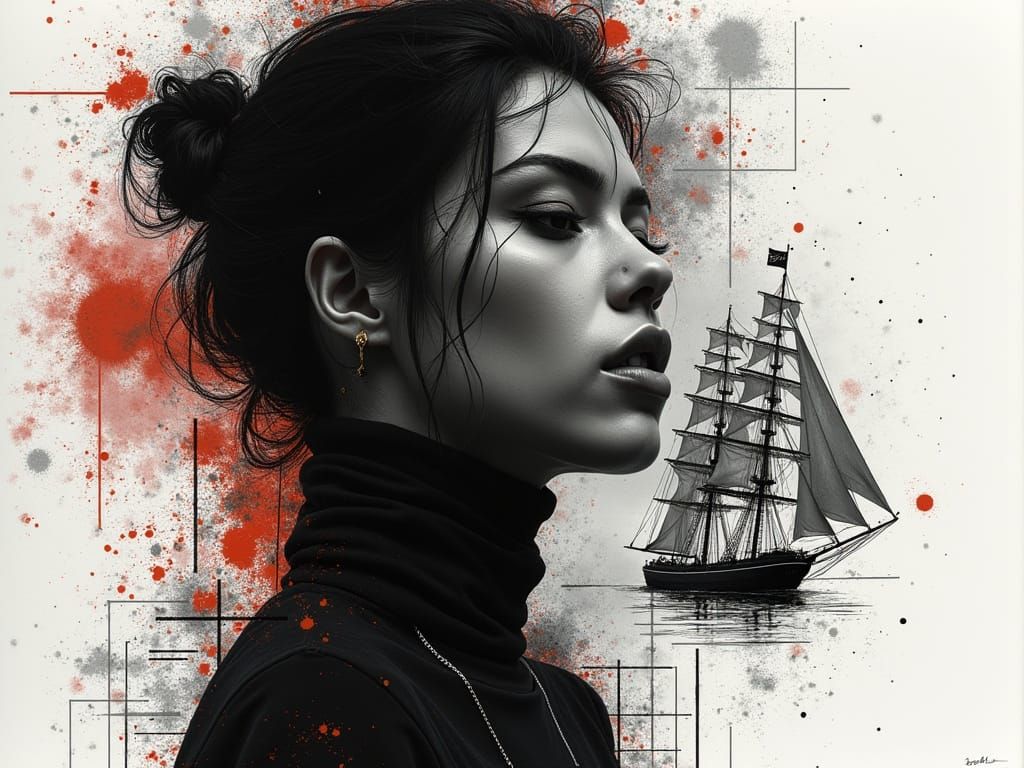 Dramatic Portrait of a Woman on a Tall Ship at Dusk
