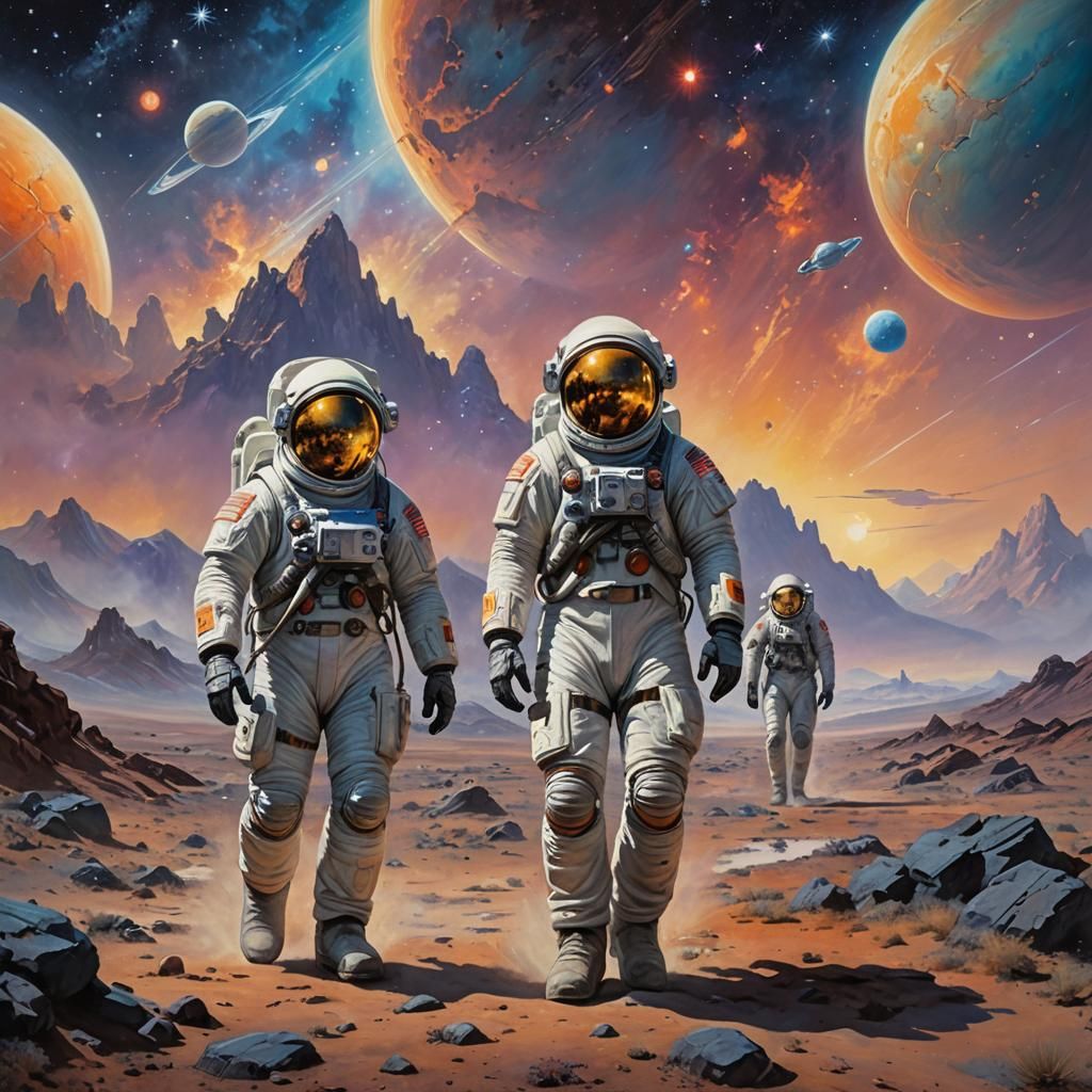 Astronauts Explore Alien Planet as Oil Painting