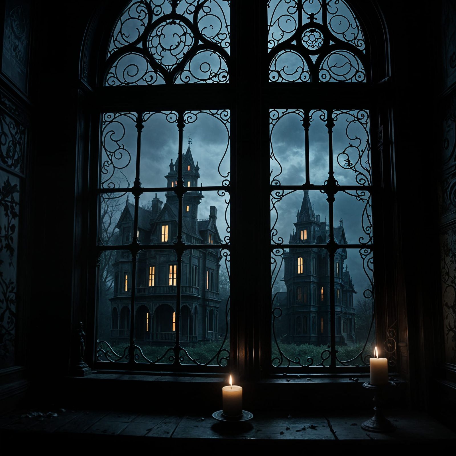 Haunted Victorian Mansion with Ghostly Silhouette