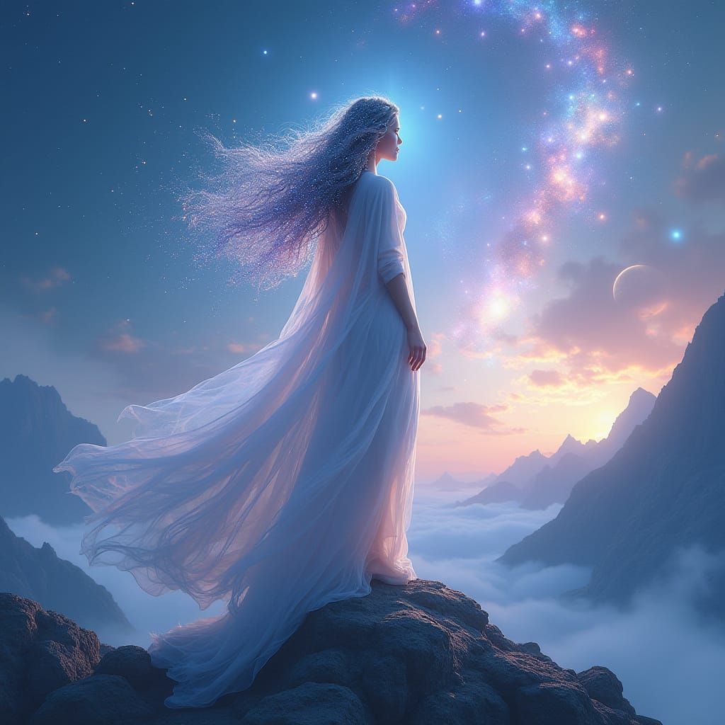 Celestial Goddess on a Cosmic Mountain Peak