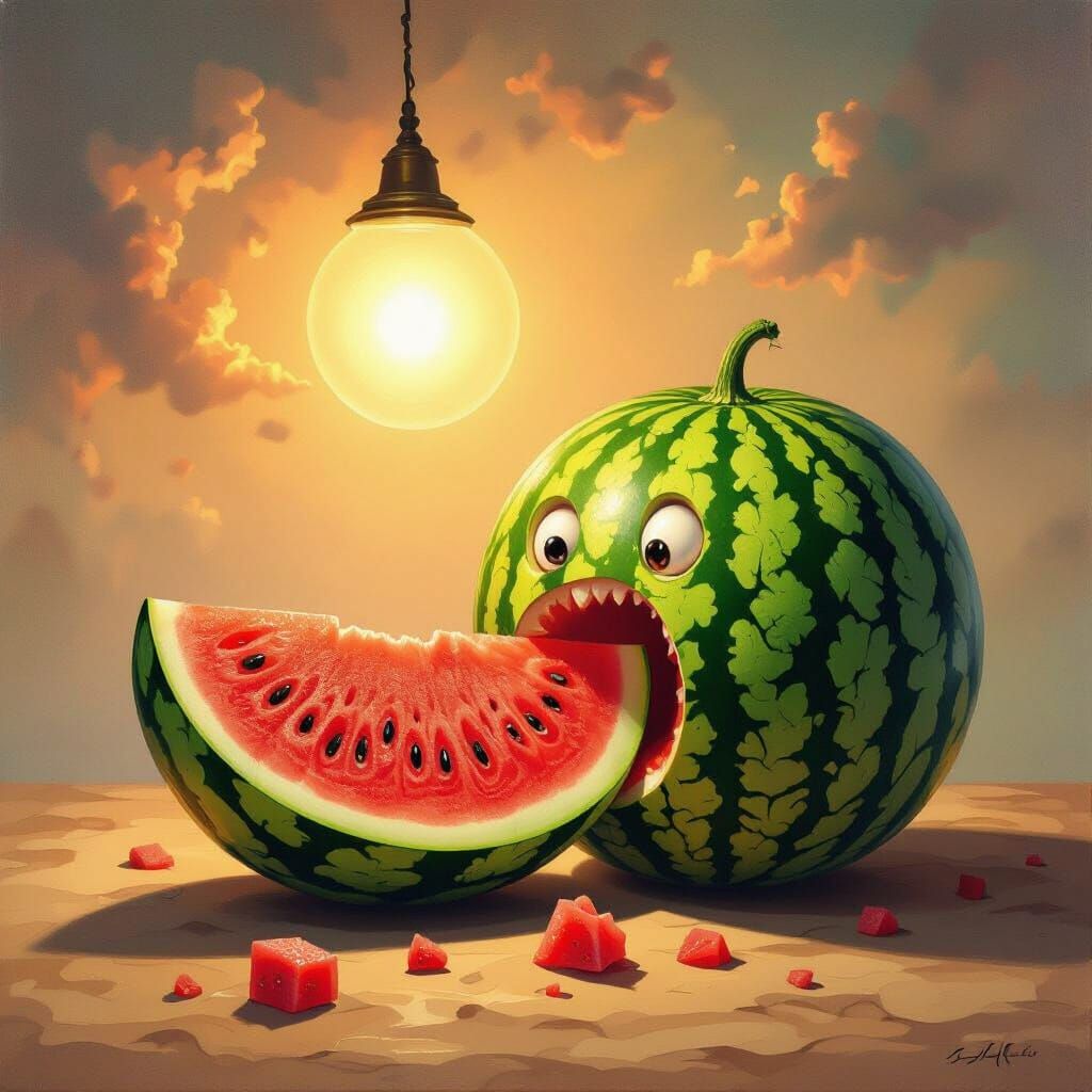 Surreal Watermelon Eating Watermelon in Dalí & Magritte Styl...