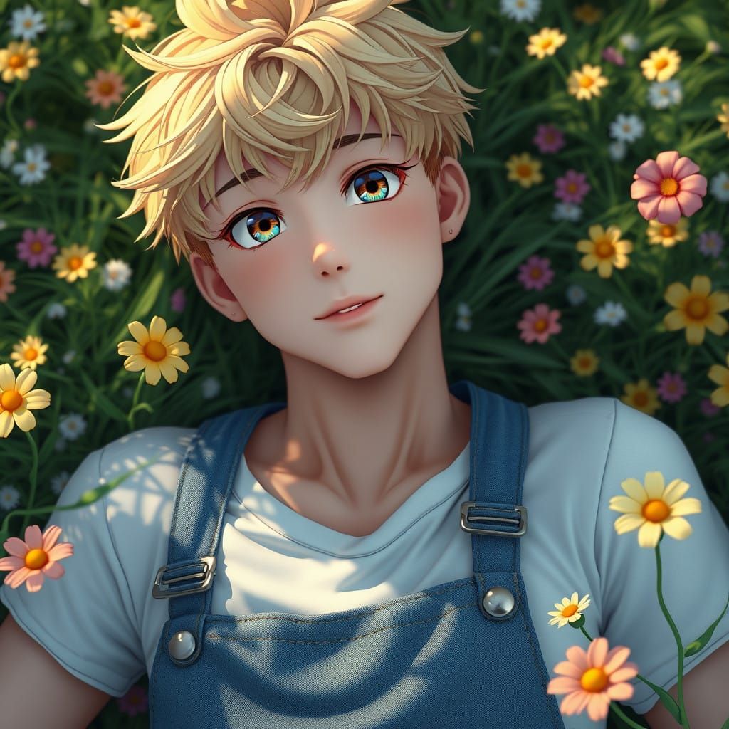 Vibrant Anime-Inspired Scene with a Young Man in a Field of...