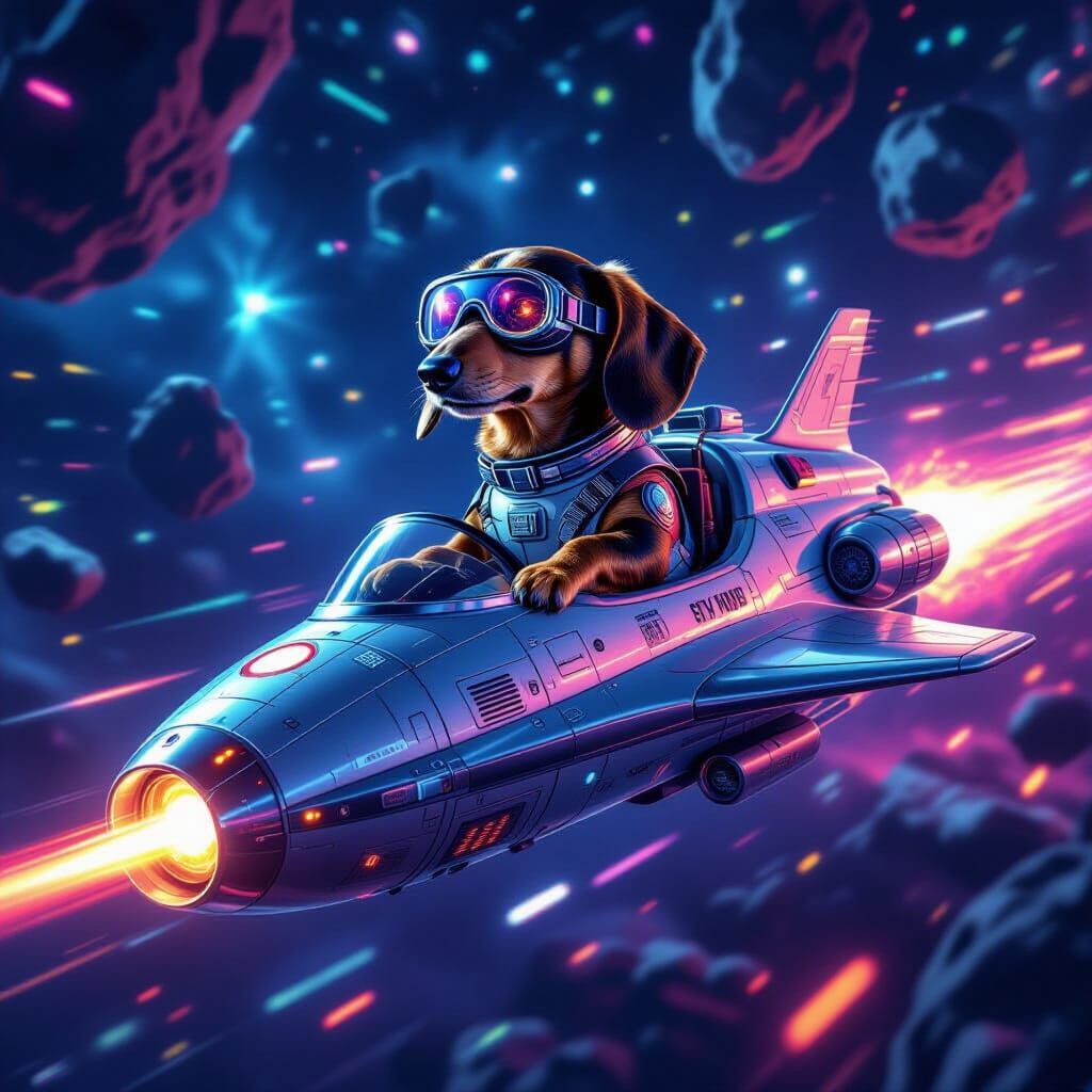 Dachshund Pilot Navigates Neon Asteroid Field in Sci-Fi Styl...