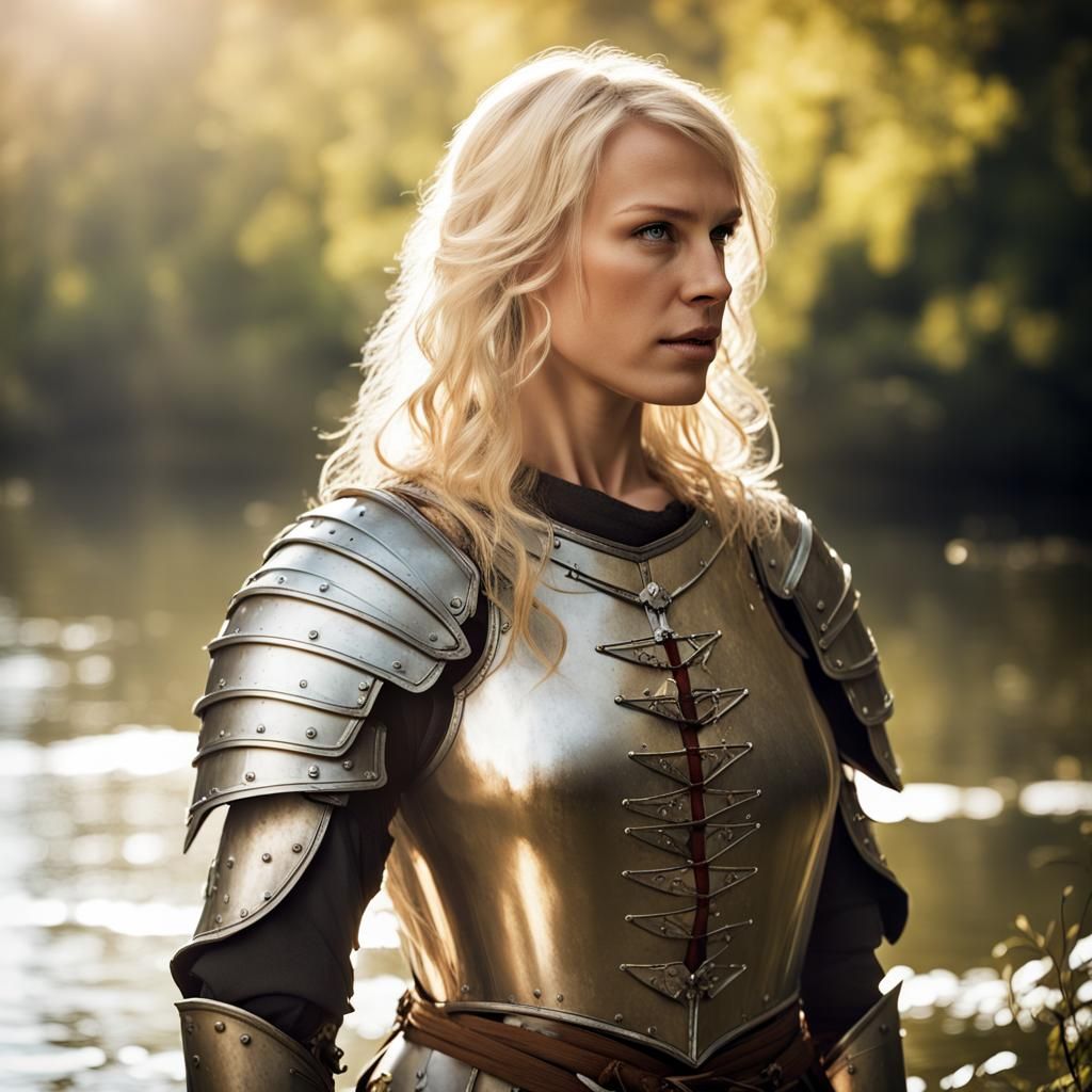 Blonde Warrior Woman in River, Hyper-Realistic Style