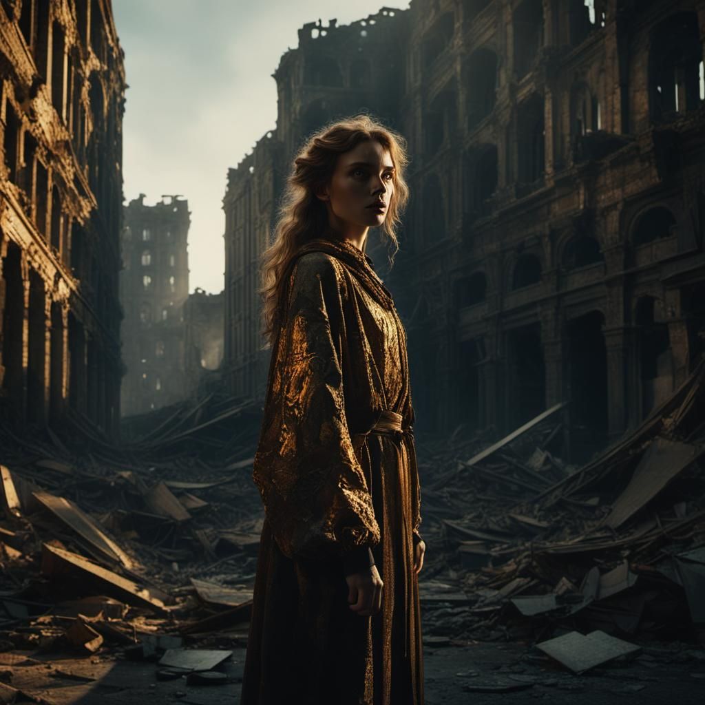 Dramatic Figure in Ruined Cityscape, Art Nouveau Style