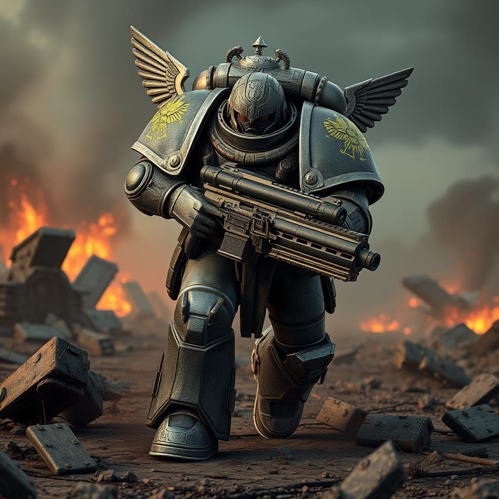 Space Marine Charging into Battle in Gritty Sci-Fi Style