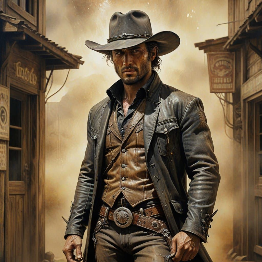 Western Saloon Cowboy in Shadowy Encaustic Style