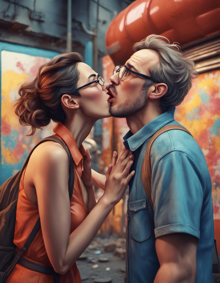Surprised Kiss in Hyperrealistic Comic Art Style