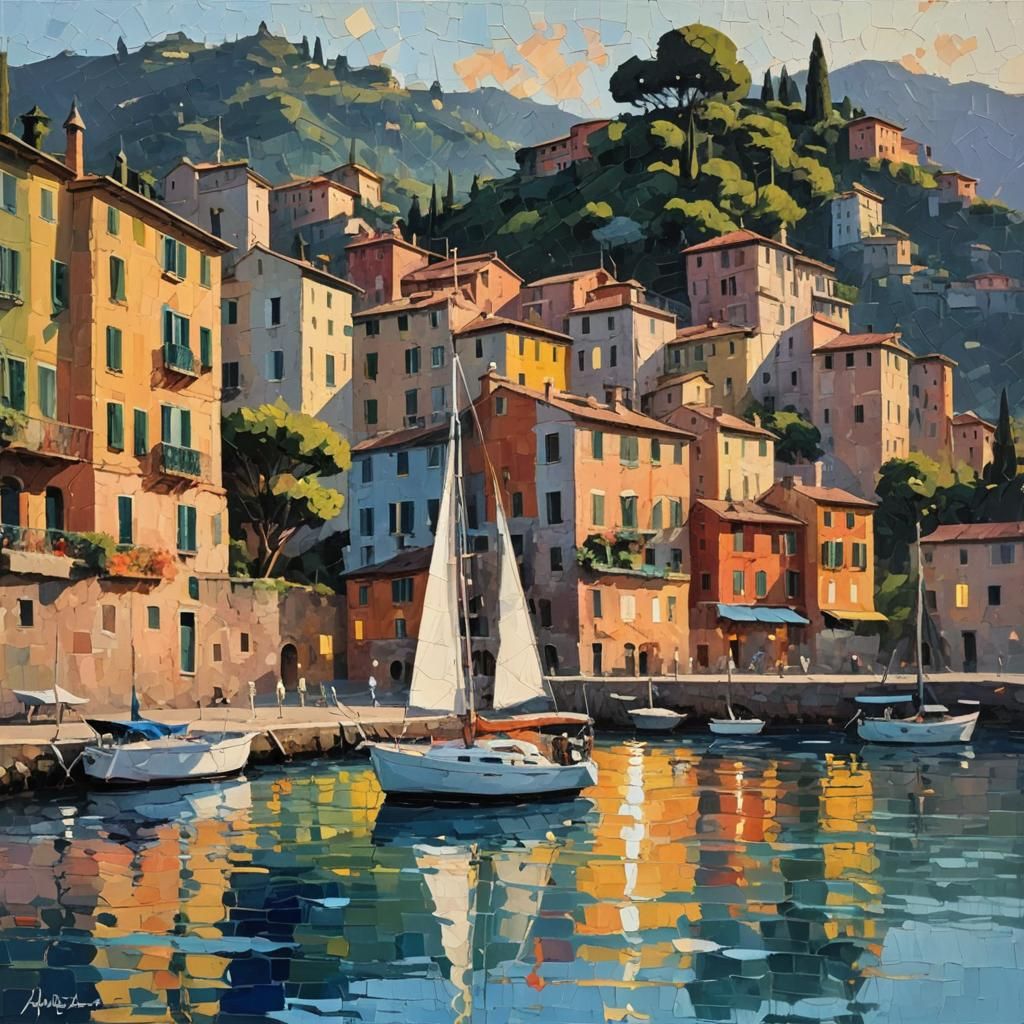 Sailboat in Portofino: Minimalist Impasto Oil Painting