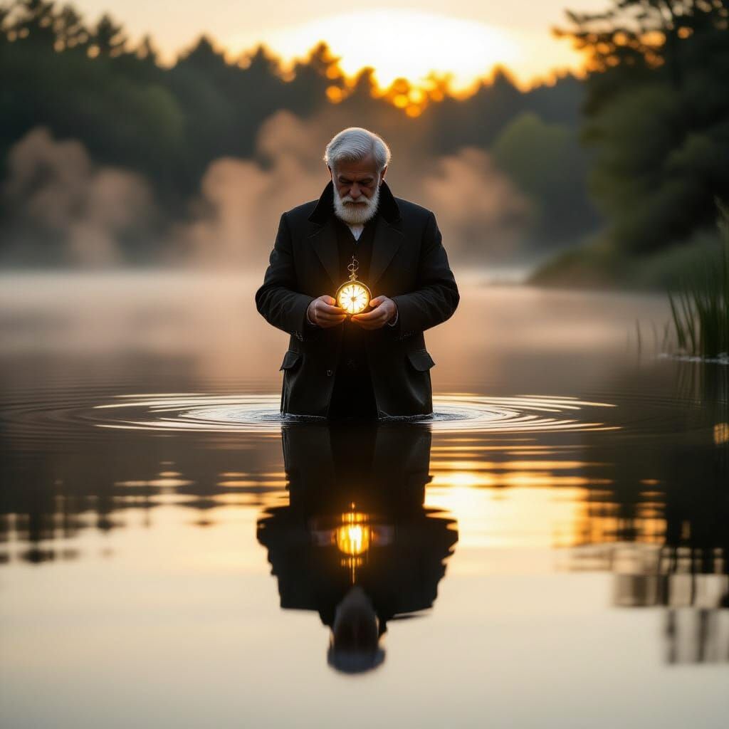 Steampunk City Reflected in Misty Lake at Golden Hour