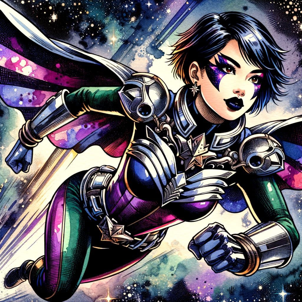 Heroic Alt-Punk Warrior Woman Flying in Starry Night Sky