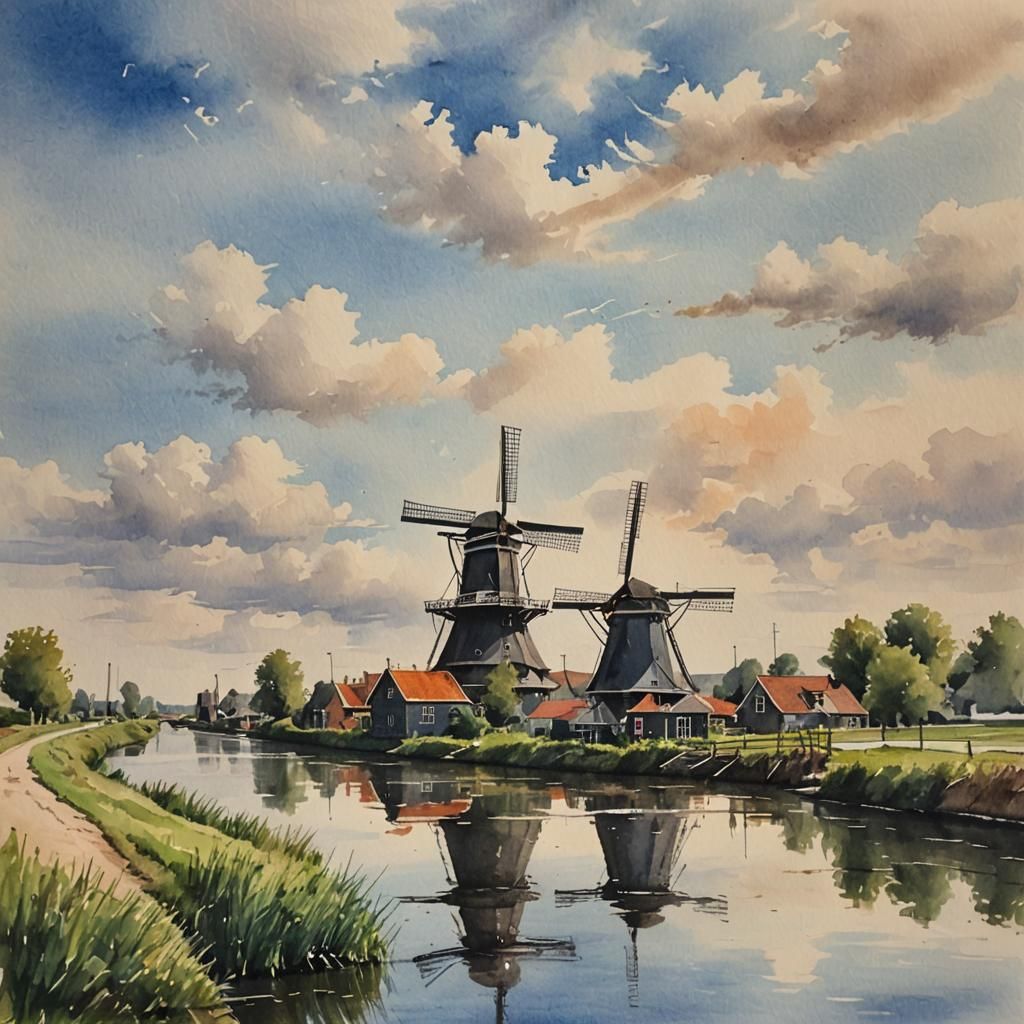 Watercolor Dutch Windmill and Canal Landscape