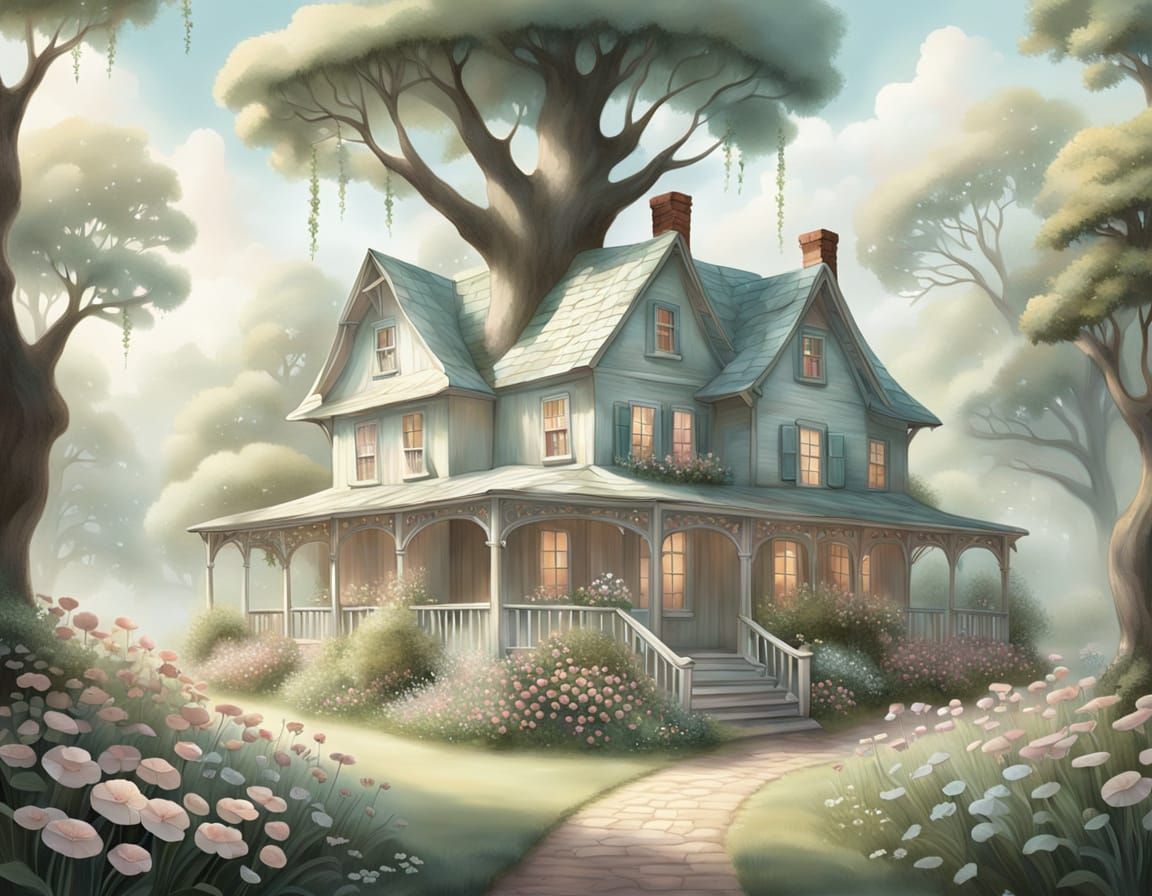 Dreamy Farmhouse Scene in Airbrush Art Style