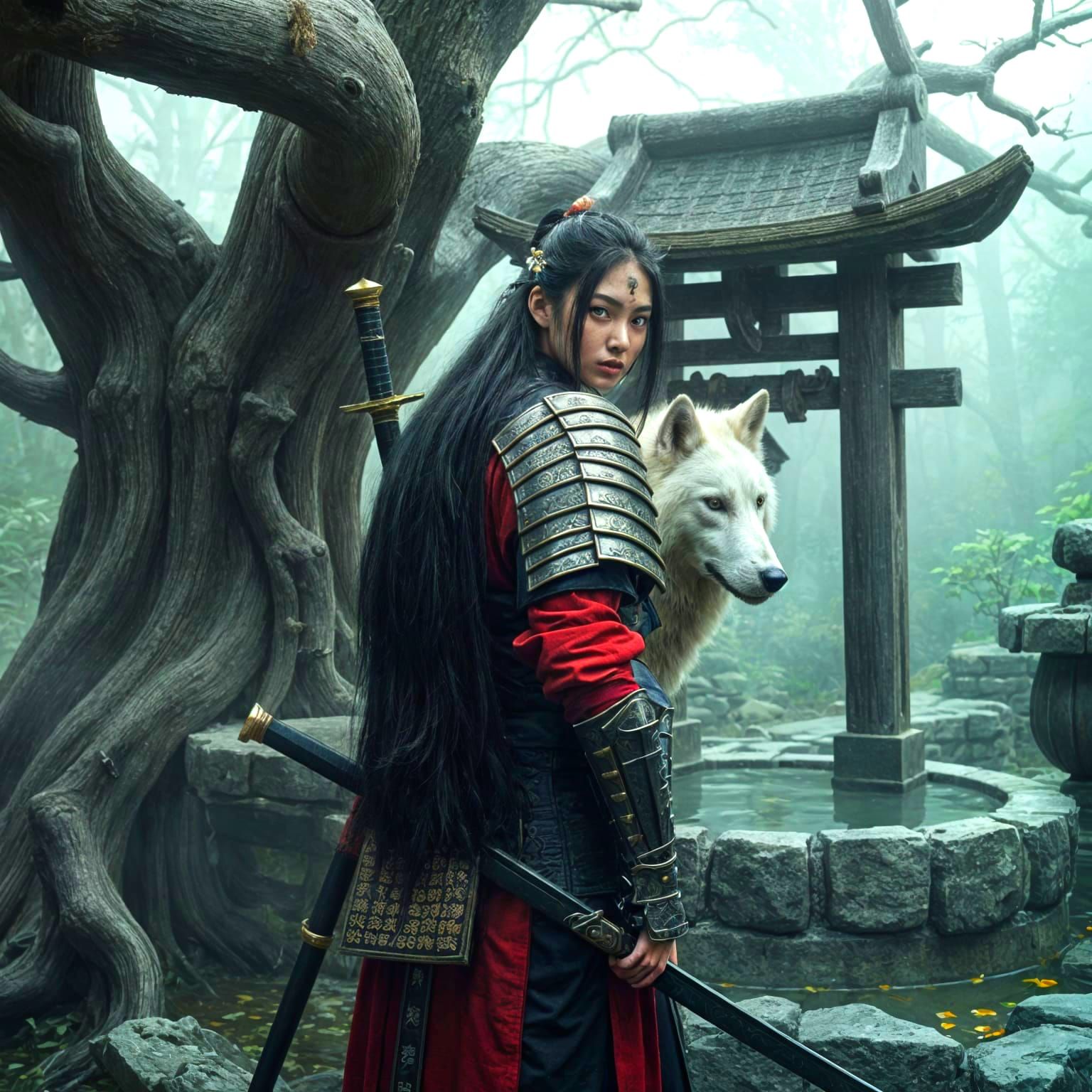 Hyperrealistic Japanese Warrior Woman with Wolf