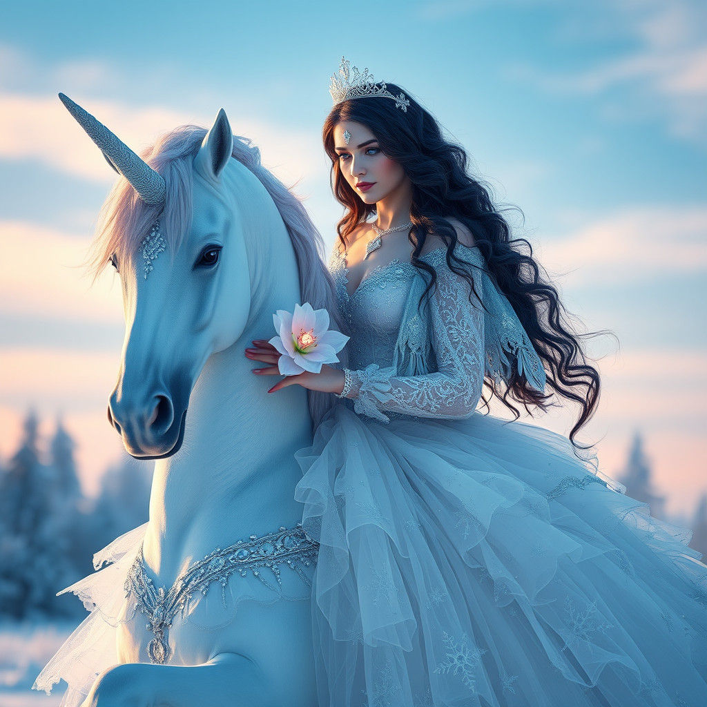 Ethereal Unicorn Rider in Winter Wonderland