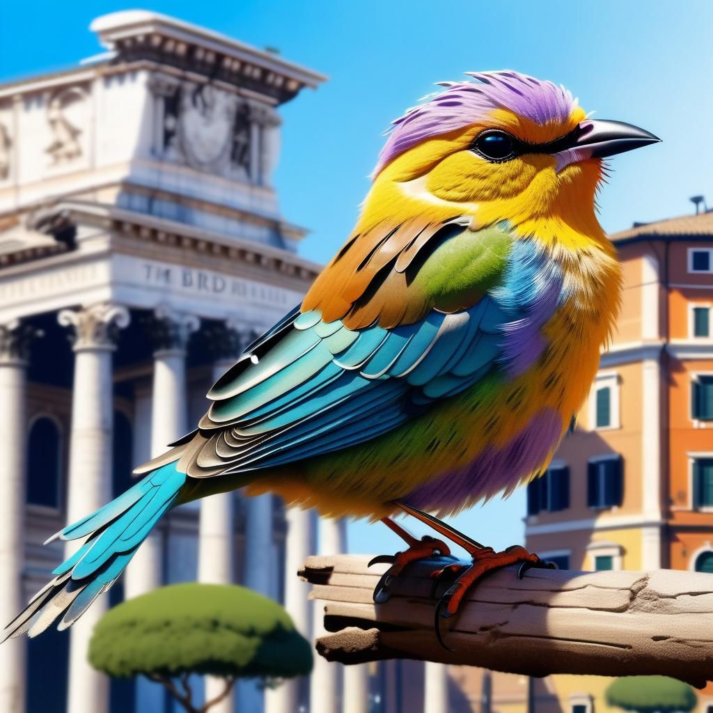 Goldfinch Over Rome: Hyperrealistic Digital Avian Art