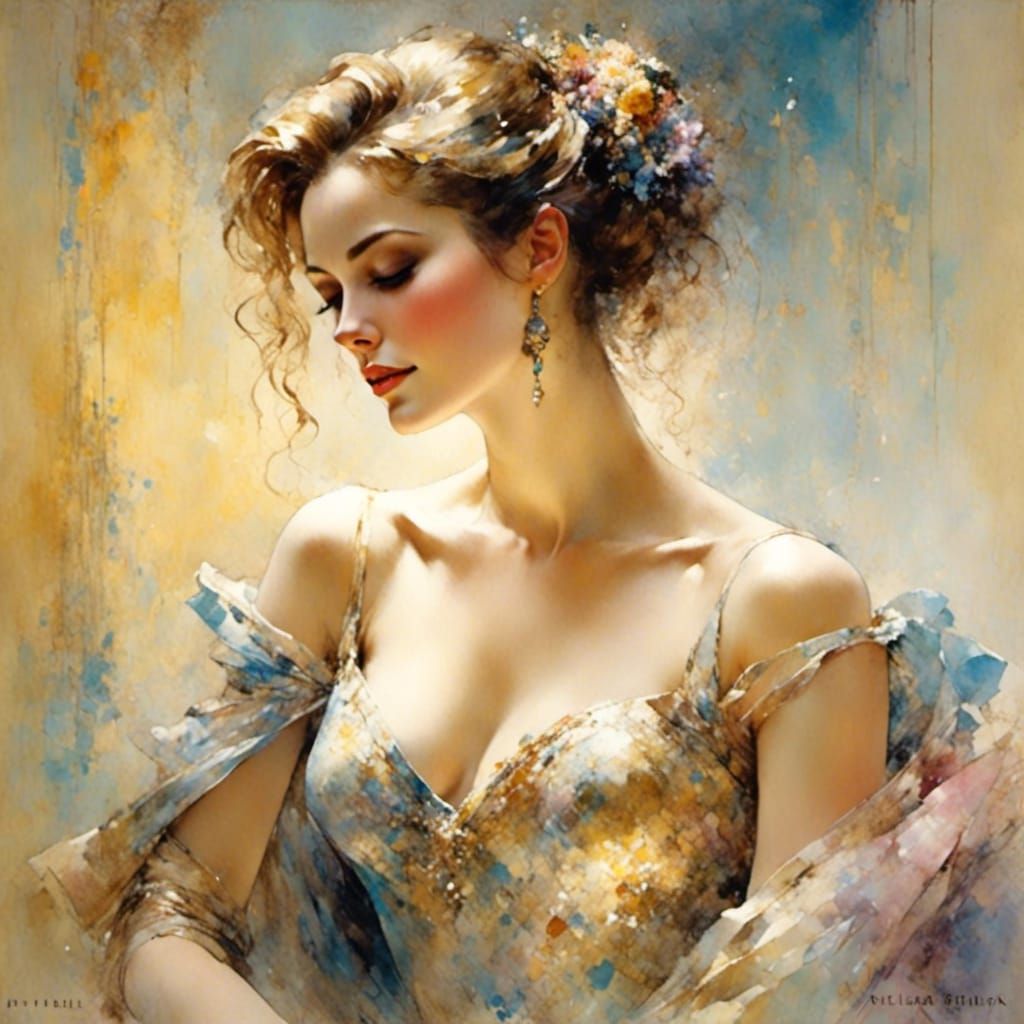 Elegant Woman in Impressionist Style Evening Gown