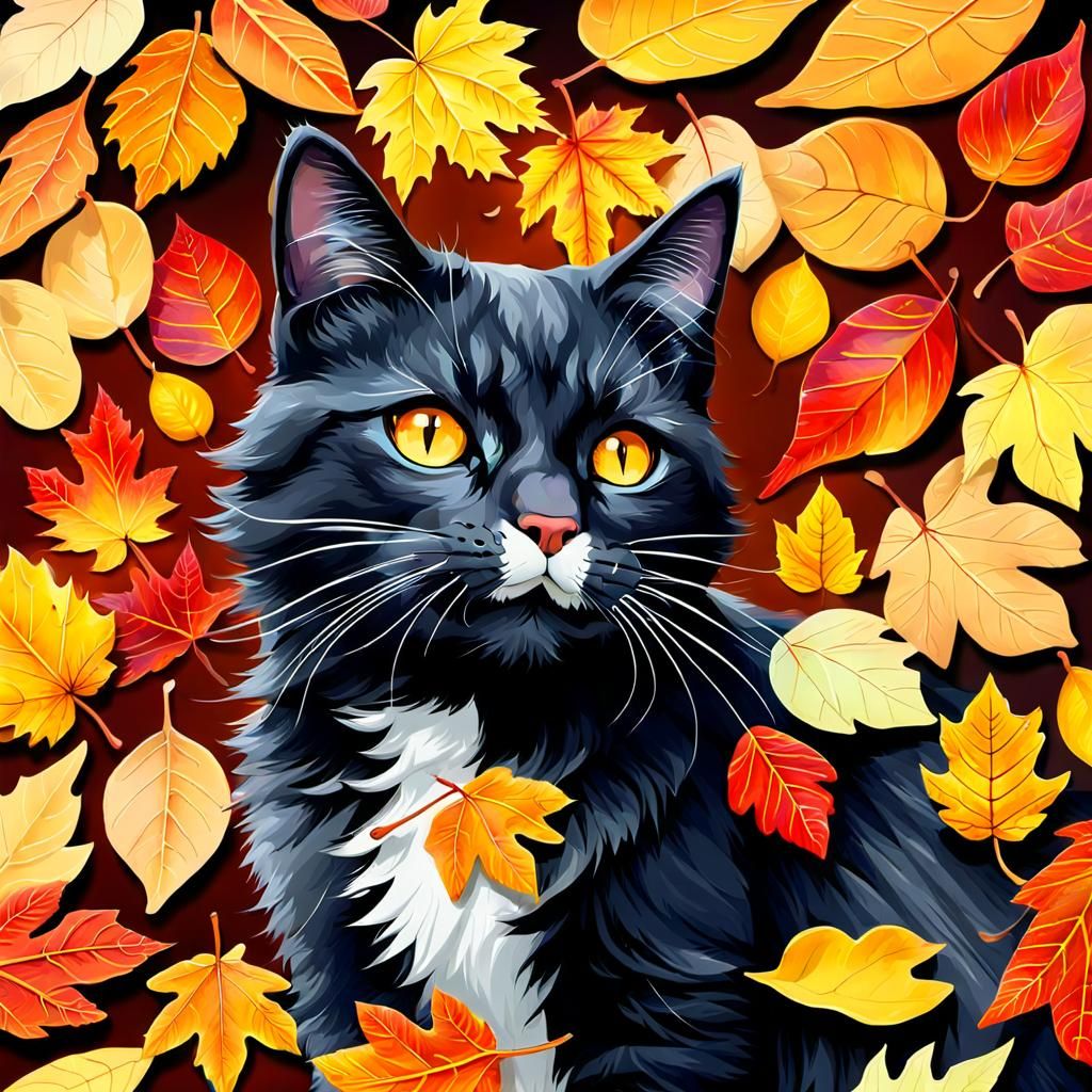 Cat's Joyful Dance in Autumn Leaves