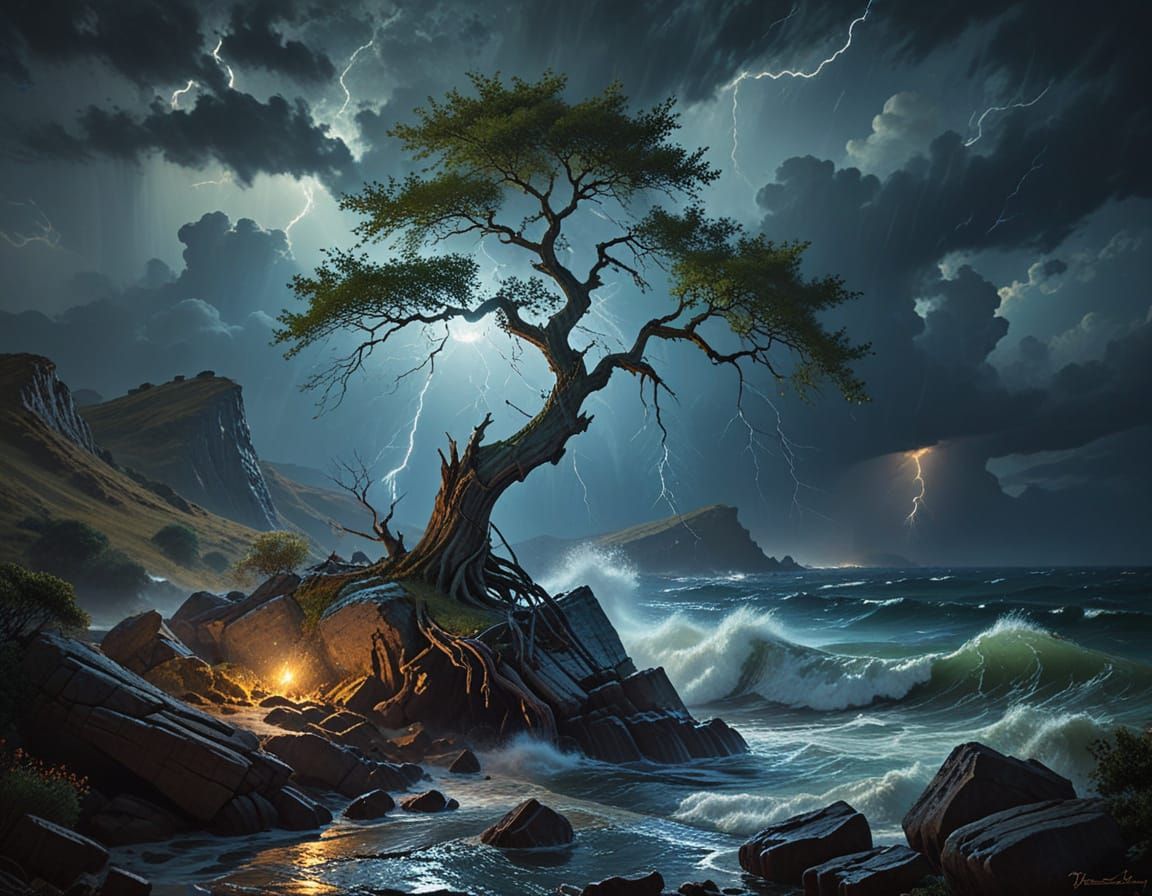 Ancient Willow Tree Overlooking Moonlit Sea