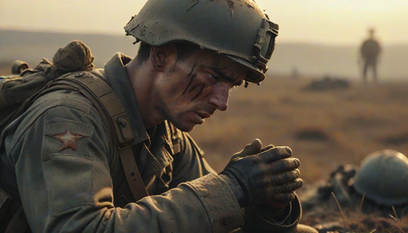 Soldier Mourns Friend on War-Torn Battlefield