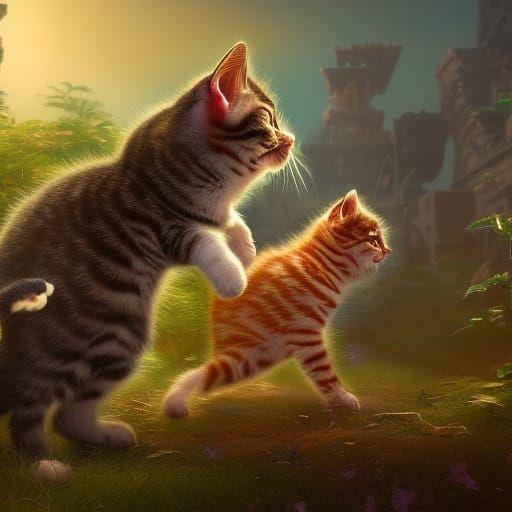Kittens Playing: Detailed Fantasy Concept Art