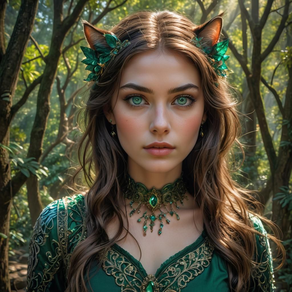 Ethereal Cat-Girl in Enchanted Forest, Fantasy Art