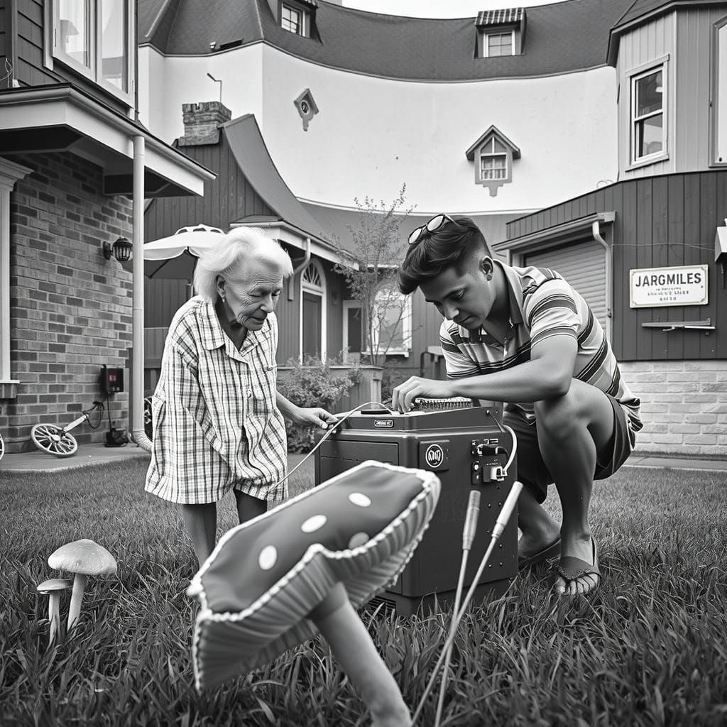 Centenarians Repairing Computer in Nostalgic Black and White...