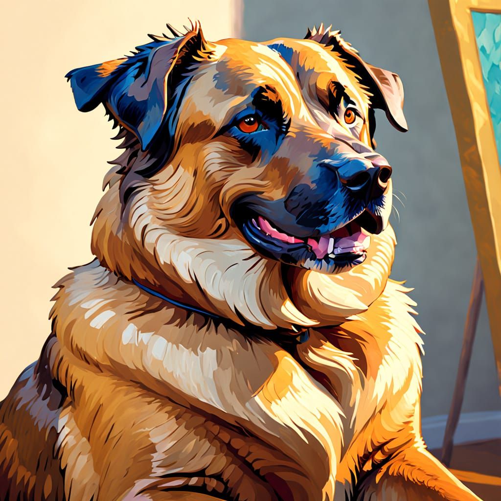 Impasto Dog Portrait in Sunlit Studio by Van Gogh Style