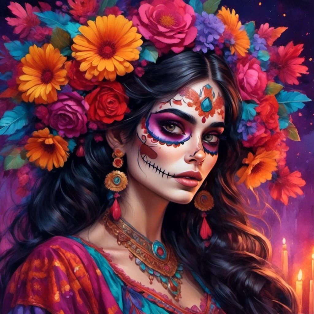 Mysterious Catrina in Vibrant Fiesta Atmosphere